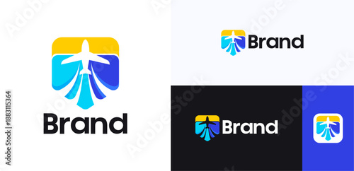 Modern plane in negative space, Logo icon design vector illustration, Minimalist abstract symbol aircraft colorful usable for aviation, travel agency, tour guide, online ticket, accommodation booking