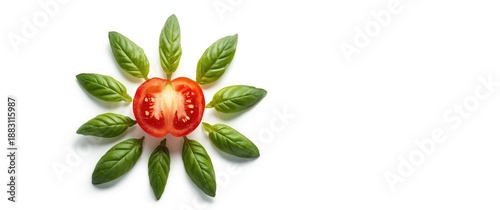 White background with tomato and basil