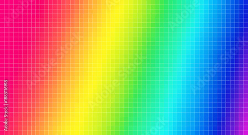Rainbow colored grid background featuring vertical spectrum transition from red to purple with white square outlines creating vibrant geometric pattern for creative digital art and design