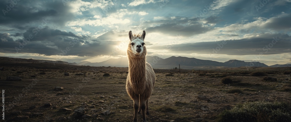 Obraz premium Llama (Lama glama) Standing in the Andes Mountains Under a Cloudy Sky