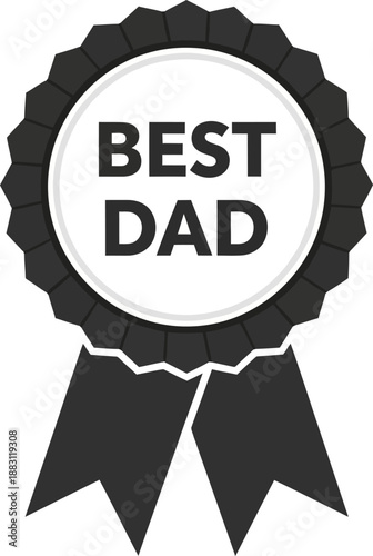 A visually striking black and white badge proclaims best dad featuring a classic ribbon design and bold lettering isolated on a white background
