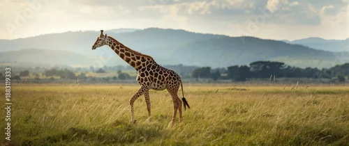 Fototapeta Wildlife safari in Oregon featuring a giraffe walking openly