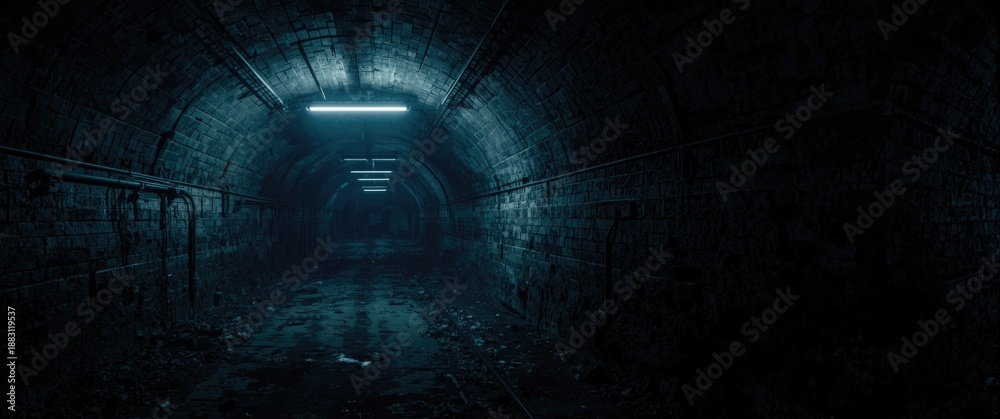 Fototapeta premium Raster image showcasing an abandoned subterranean bunker with neon illumination, electric railway station, and a bombproof computer shelter
