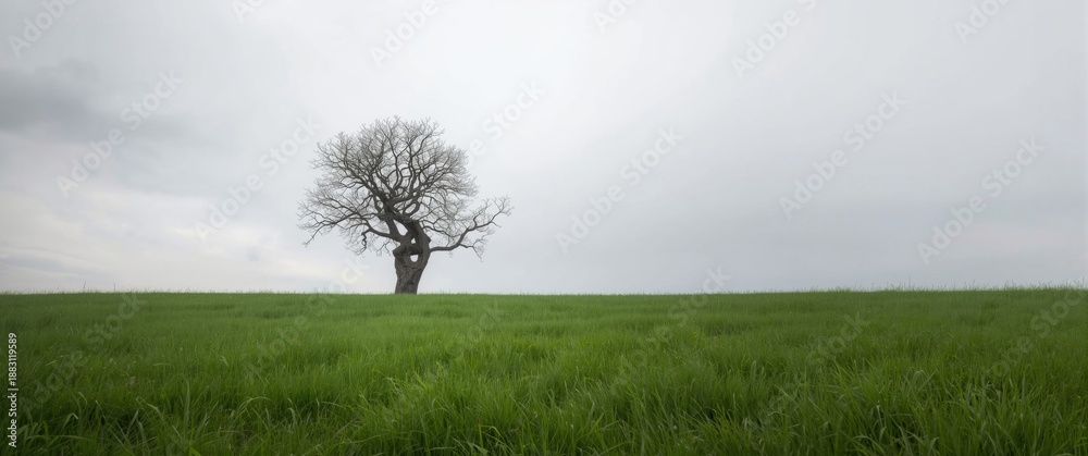 Obraz premium A lone, distorted tree centered in a meadow under cloudy skies with ample whitespace