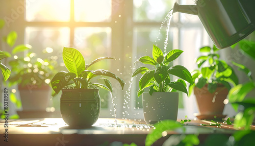 Watering plants on a sunny windowsill with a metal watering can.