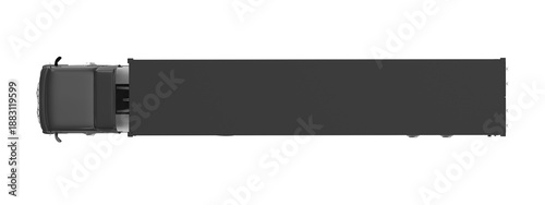 Top view of a dark gray semi-trailer truck isolated on a black background