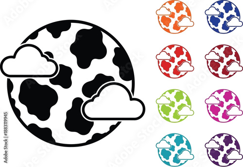an illustration depicts a black and white cow spotted sphere with fluffy white clouds and colorful variations around it high quality