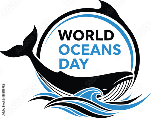 A graphic depiction showcases a dark blue whale breaching from waves within a circular frame celebrating world oceans day with text