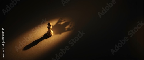 Illumination of a chess pawn with a shadow resembling a corona or crown, symbolizing leadership and teamwork confidence © The 2R Artificiality