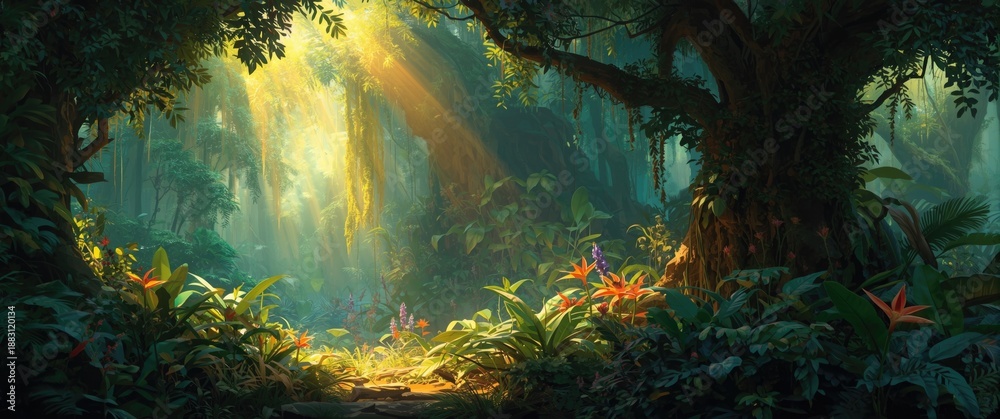 Fototapeta premium Magical jungle scene with sunbeams, beautifully rendered digital painting backdrop