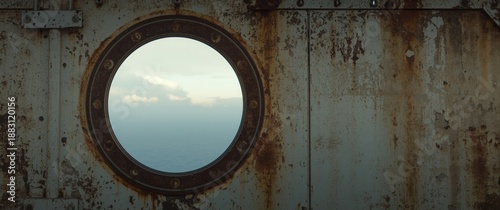 Old ferry boat featuring a vintage circular porthole or window frame with blank space on rusted steel wall