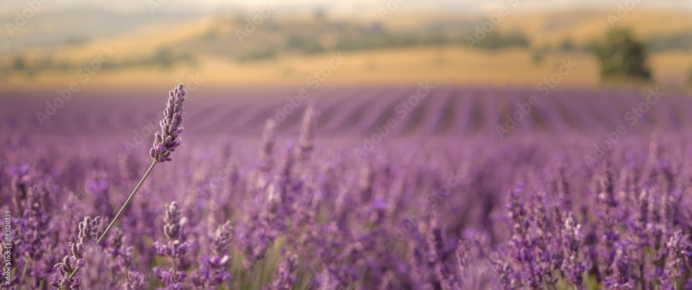 Obraz premium Endless rows of blooming lavender flowers with fragrant fields in Valensole plateau, Provence, France, Europe