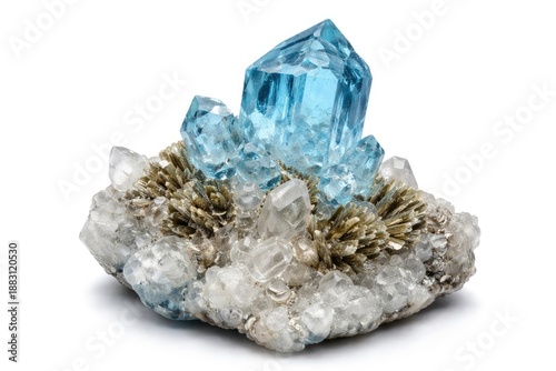 Specimen showing Blue Topaz and quartz with muscovite inclusions on white background