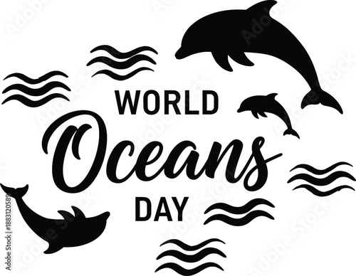 A vibrant illustration depicts world oceans day with playful dolphins jumping amidst stylized waves and text high quality professional detailed modern
