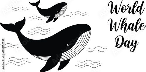 A charming illustration depicts two whales breaching ocean waves alongside the text world whale day celebrating marine life high quality professional