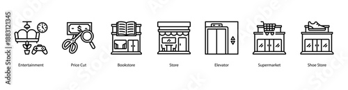 Retail Stores web banner vector illustration featuring Entertainment, Price Cut, Bookstore, Store, Elevator, Supermarket, and Shoe Store.