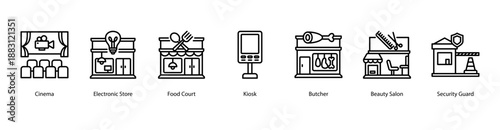 Food and Facilities web banner vector illustration featuring Cinema, Electronic Store, Food Court, Kiosk, Butcher, Beauty Salon, and Security Guard.