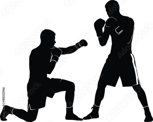 a striking silhouette depicts two male boxers intensely engaged in a competitive fight one kneeling and the other poised to strike