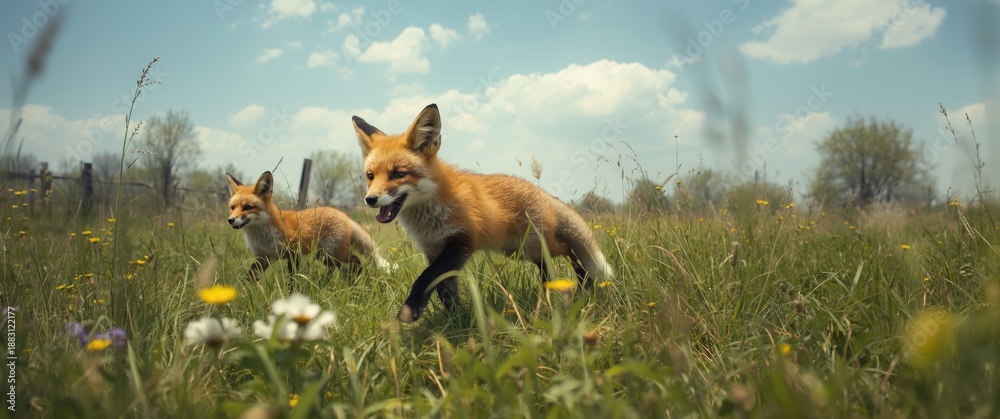 Obraz premium Red foxes roaming in agricultural fields