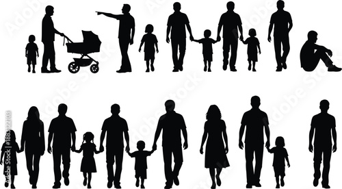 a silhouette illustration depicting various family groups and individuals engaging in everyday activities walking and interacting together high quality professional detailed