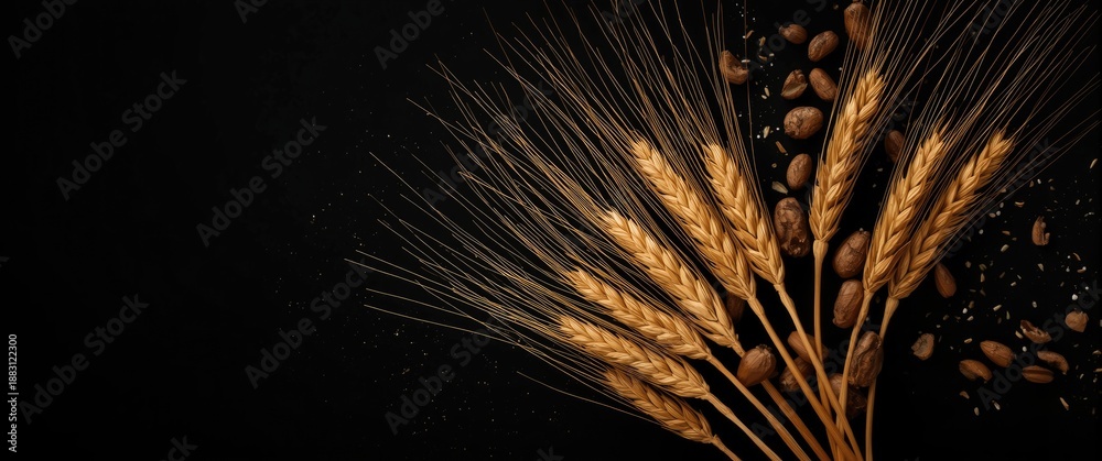 Naklejka premium Wheat ears and grain berries against a black background with copy space, featuring texture, food, nature, gold accents, autumn theme, and concept design