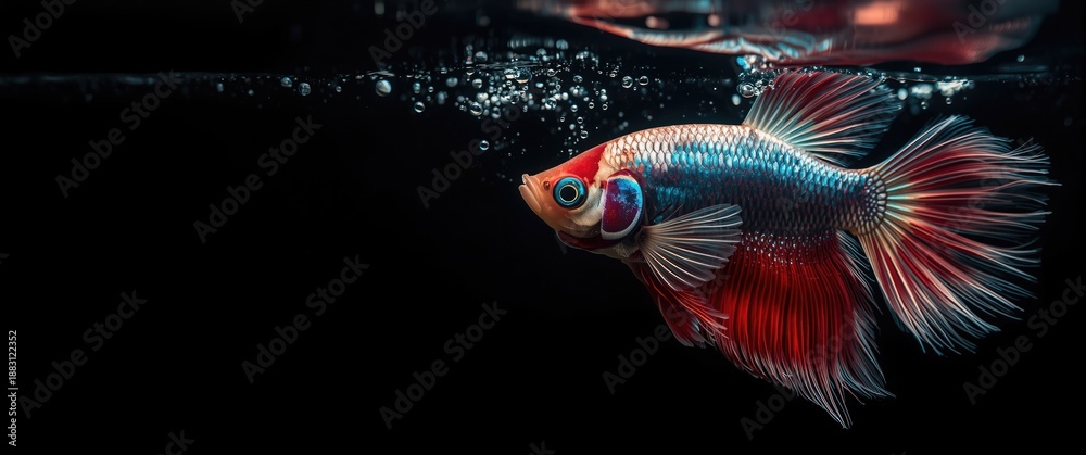 Fototapeta premium Siamese fighting fish in motion against a black background, focusing on the right eye, surrounded by water and nature elements