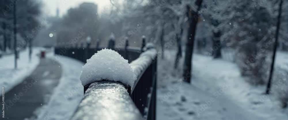 Fototapeta premium Metal fence covered in fresh snow during winter season