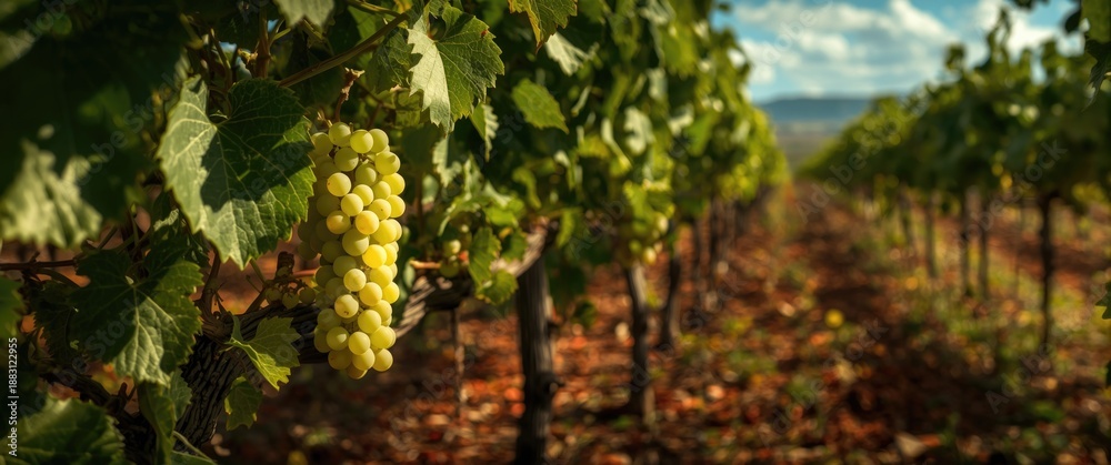 Obraz premium Cluster of white grapes amid grape leaves in G mar vineyard, Tenerife, Canary Islands, Spain, Marmajuelo or Bermejuela grape type