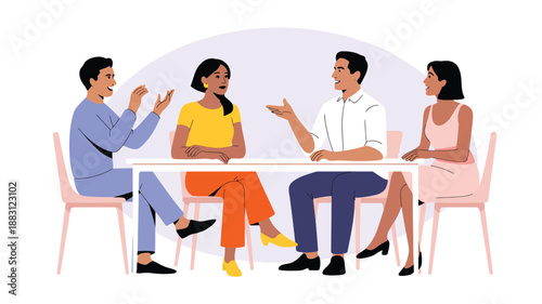 business team meeting illustration with diverse people discussing ideas at table for teamwork collaboration and office communication