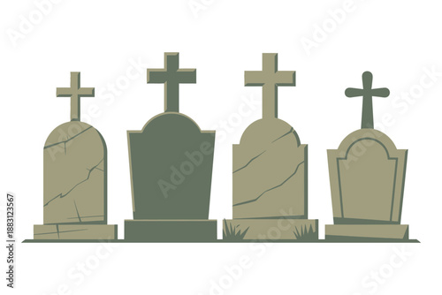 A row of gravestones with crosses on a white background