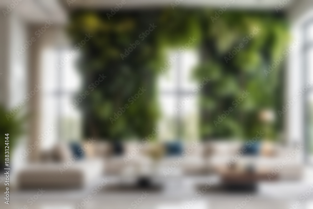 Fototapeta premium Blurred background of Full color modern luxury living room with indoor trees and vertical garden wall, sleek sofa and marble details, panoramic glass background, midday, bright natural lighting.