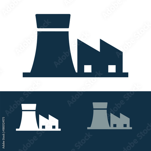 Nuclear power plant icon set with cooling tower and buildings  energy production symbols icon