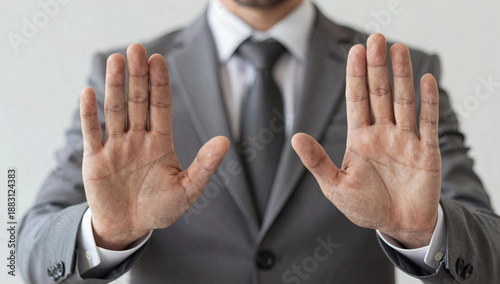 Photos Businessman in a gray suit and tie gestures with his hands in a stopping or rejecting motion against a white background