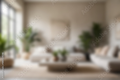 Blurred background of Full color zen living room with indoor plants and natural stone elements, low seating, neutral colors, calm interior background, daytime, diffused soft light.