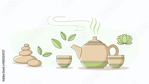 Minimalist Illustration Of Zen Tea Ceremony With Teapot, Cups, Rocks And Lotus Flower