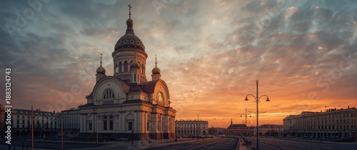 View of Orthodox church of Christ the Savior at sunset featuring water, architecture, and urban landscape