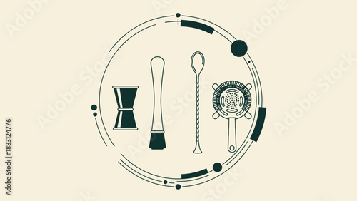 Minimalist Illustration Of Bar Tools, Representing Cocktail Creation, Stylish And Sleek Design