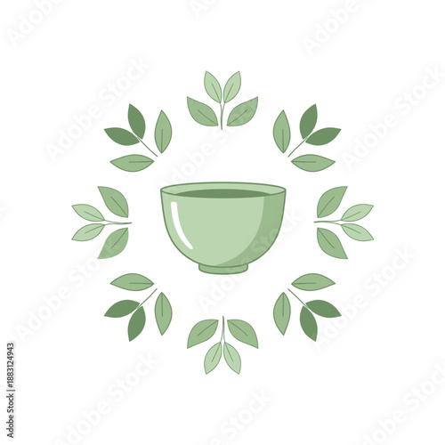 Minimalist Illustration of Green Tea Bowl Surrounded by Botanical Foliage Elements