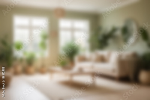 Blurred background of Full color warm living room with soft green plants and beige furniture, calm natural palette, minimal interior, morning, gentle sunlight.