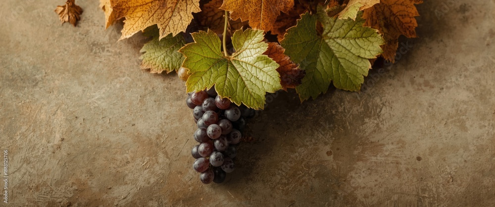 Naklejka premium Wooden table featuring a grape wrapped in vine leaves, flat lay with empty space