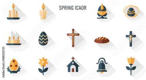 Easter icons set including candles eggs crosses bread church bell flowers and easter hat on white background