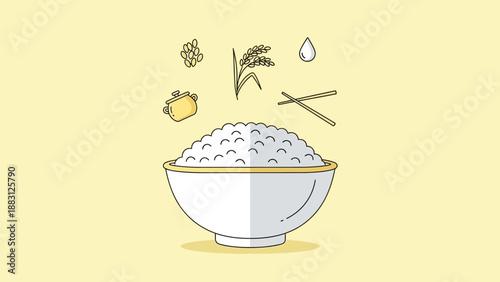 Minimalist Illustration of Steaming Rice Bowl With Chopsticks and Rice Components