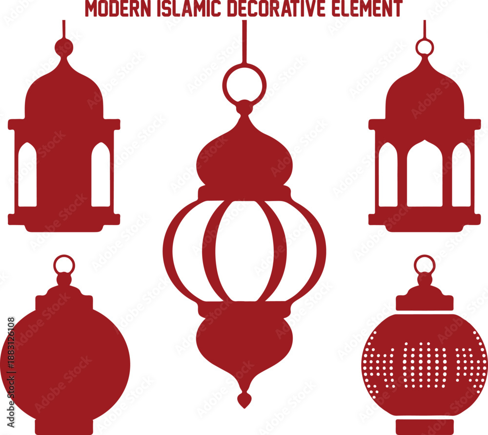 Fototapeta premium Five elegant maroon Islamic lanterns with intricate details are displayed on a clean white background