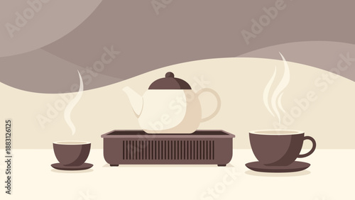 Minimalist Illustration of Tea Ceremony, Tranquil Ambiance, and Serene Moments