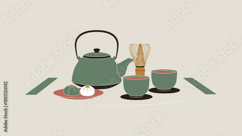Minimalist Illustration of Traditional Japanese Tea Ceremony with Matcha Accessories