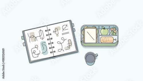 Minimalist Lunchtime Scene With Notebook And Food Depicting Study Or Work Break