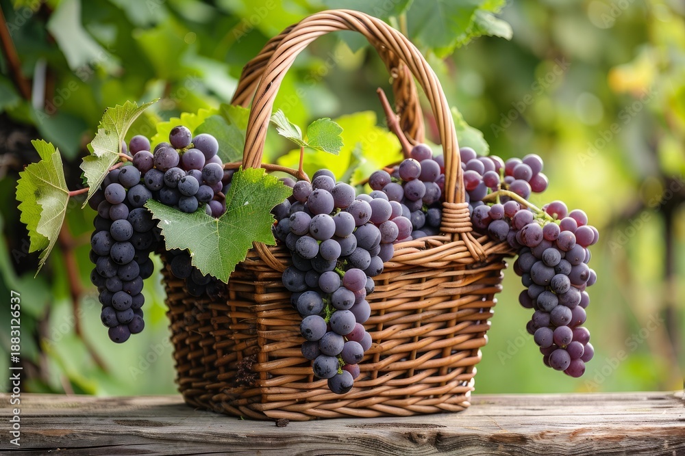 Obraz premium Wicker basket overflowing with ripe black grapes, freshly harvested in a sunlit vineyard, celebrating the abundance of nature