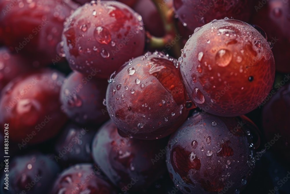 Obraz premium Macro photography showcasing the intricate details of ripe red grapes, glistening with water droplets, emphasizing freshness and natural beauty