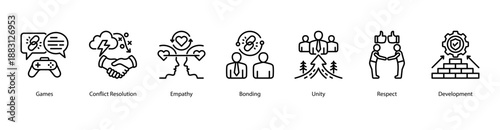 Team Unity web banner vector illustration featuring Games, Conflict Resolution, Empathy, Bonding, Unity, Respect, and Development.