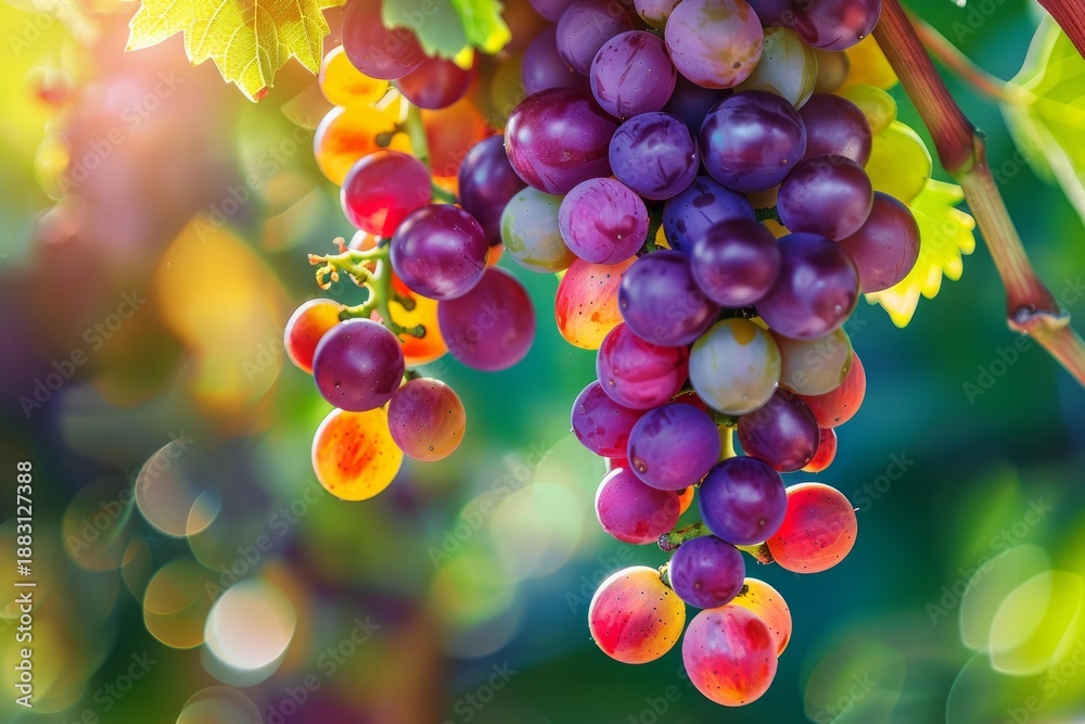 Naklejka premium Colorful bunches of grapes ripening on a vine in a sunlit vineyard, ready for harvest